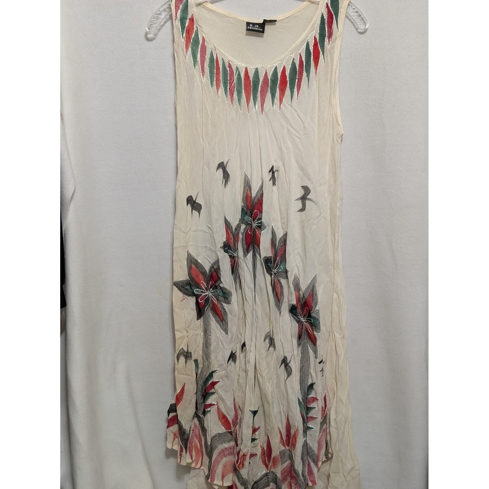 S.R. Fashion Cream Rayon Hand Painted Floral Bird Midi Dress Free Size India